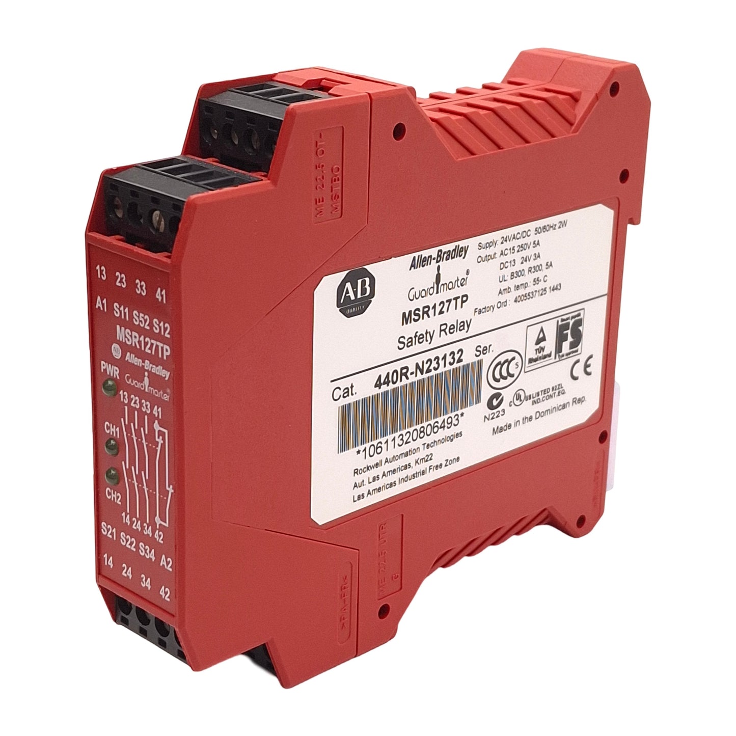 Used Allen Bradley 440R-N23132 Guardmaster Safety Relay, 3NO + 1NC Aux, 24VAC/DC