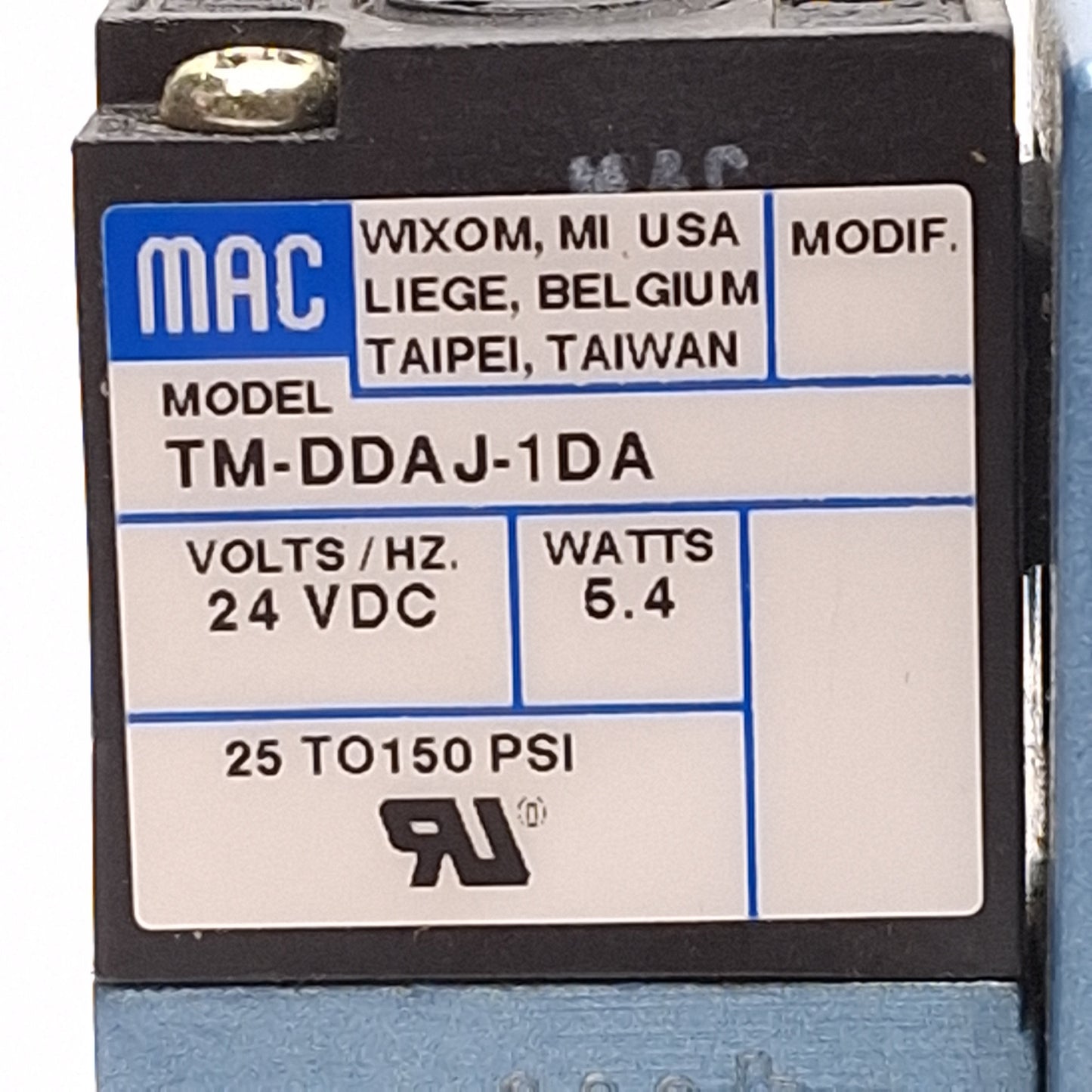Used MAC 82A-AC-000-TM-DDAP-1DA Solenoid Valve, 4-Port 2-Way, 25-150PSI, 24VDC Coil