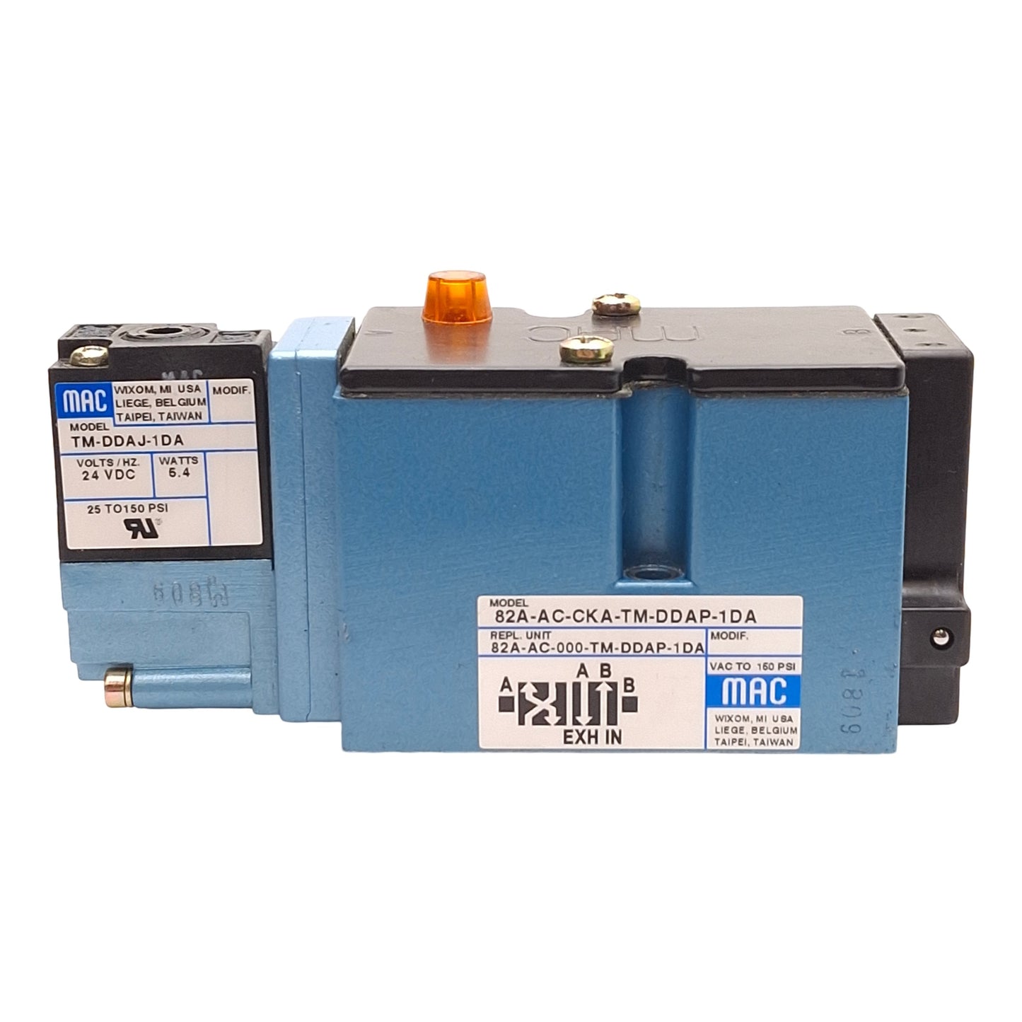 Used MAC 82A-AC-000-TM-DDAP-1DA Solenoid Valve, 4-Port 2-Way, 25-150PSI, 24VDC Coil