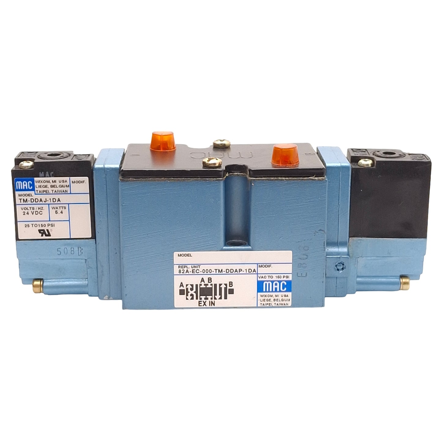 Used MAC 82A-EC-000-TM-DDAP-1DA Solenoid Valve 3-Pos Closed Center 150PSI 24VDC Coil