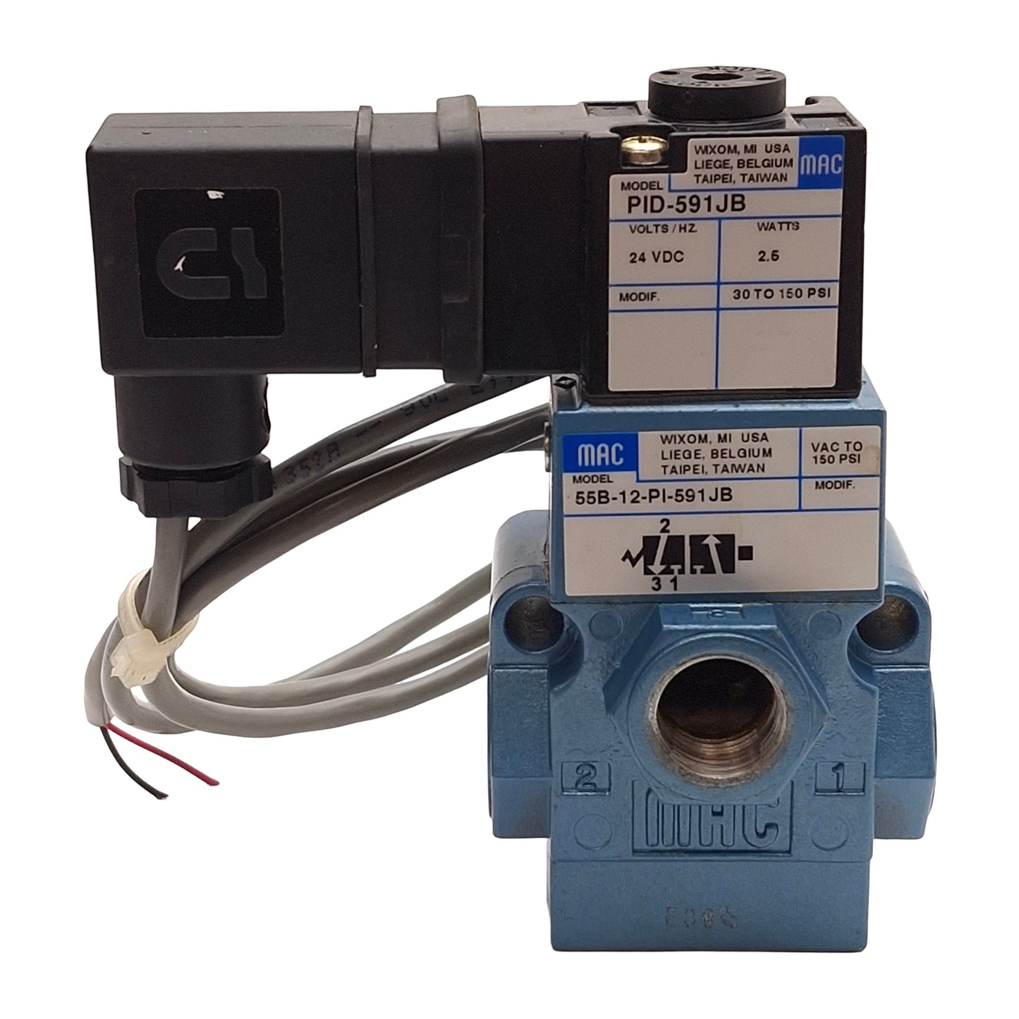 Used MAC 55B-12-PI-591JB Solenoid Valve, Normally Closed, 150PSI, 3/8NPTF, 24VDC Coil