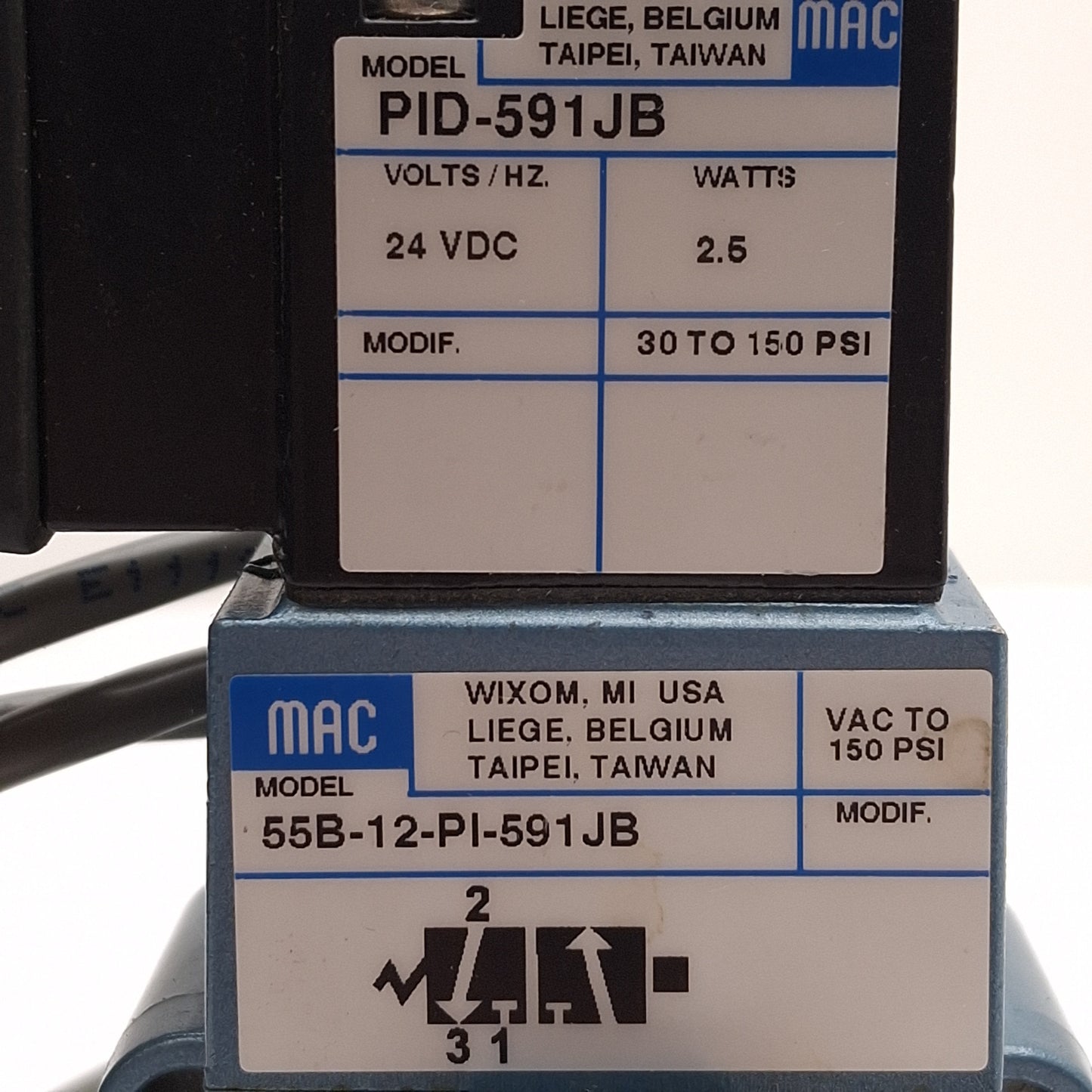 Used MAC 55B-12-PI-591JB Solenoid Valve, Normally Closed, 150PSI, 3/8NPTF, 24VDC Coil