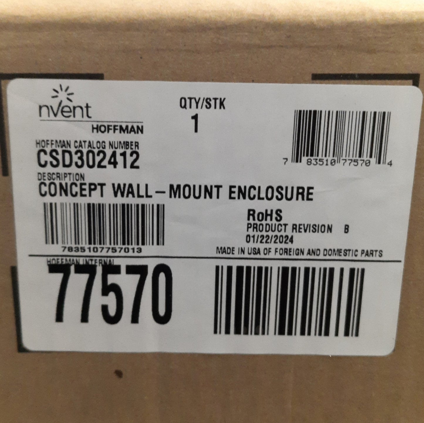 New nVent Hoffman CSD302412 77570 CONCEPT Single Door Enclosure, 30in x 24in x 12in