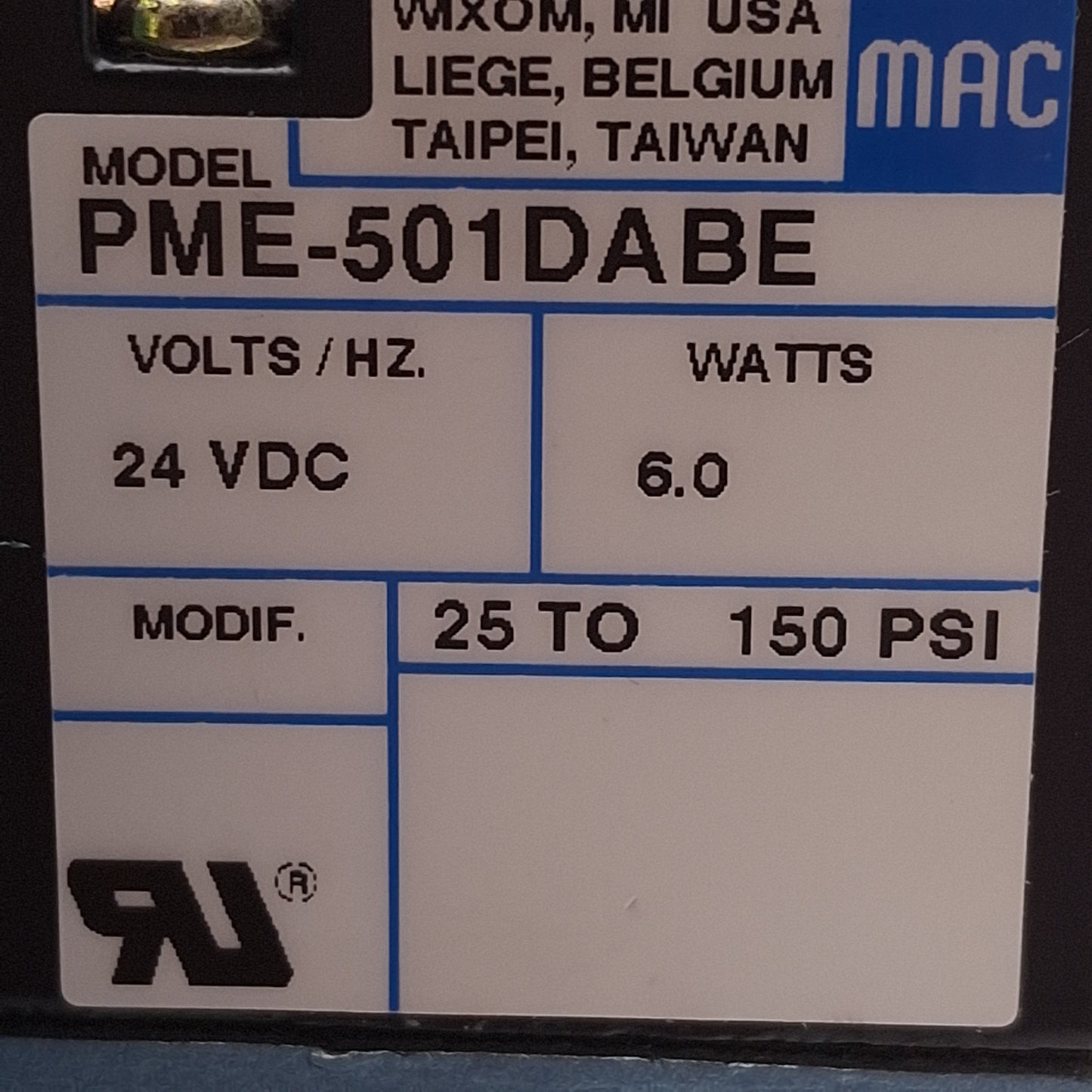 Used MAC 6511B-211-PM-501DA Solenoid Valve, 4-Port 2-Way, 150PSI, 1/2NPTF, 24VDC Coil