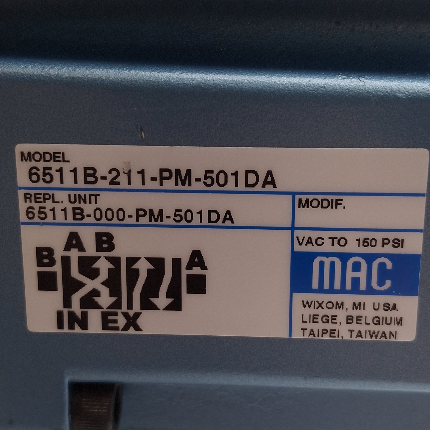 Used MAC 6511B-211-PM-501DA Solenoid Valve, 4-Port 2-Way, 150PSI, 1/2NPTF, 24VDC Coil