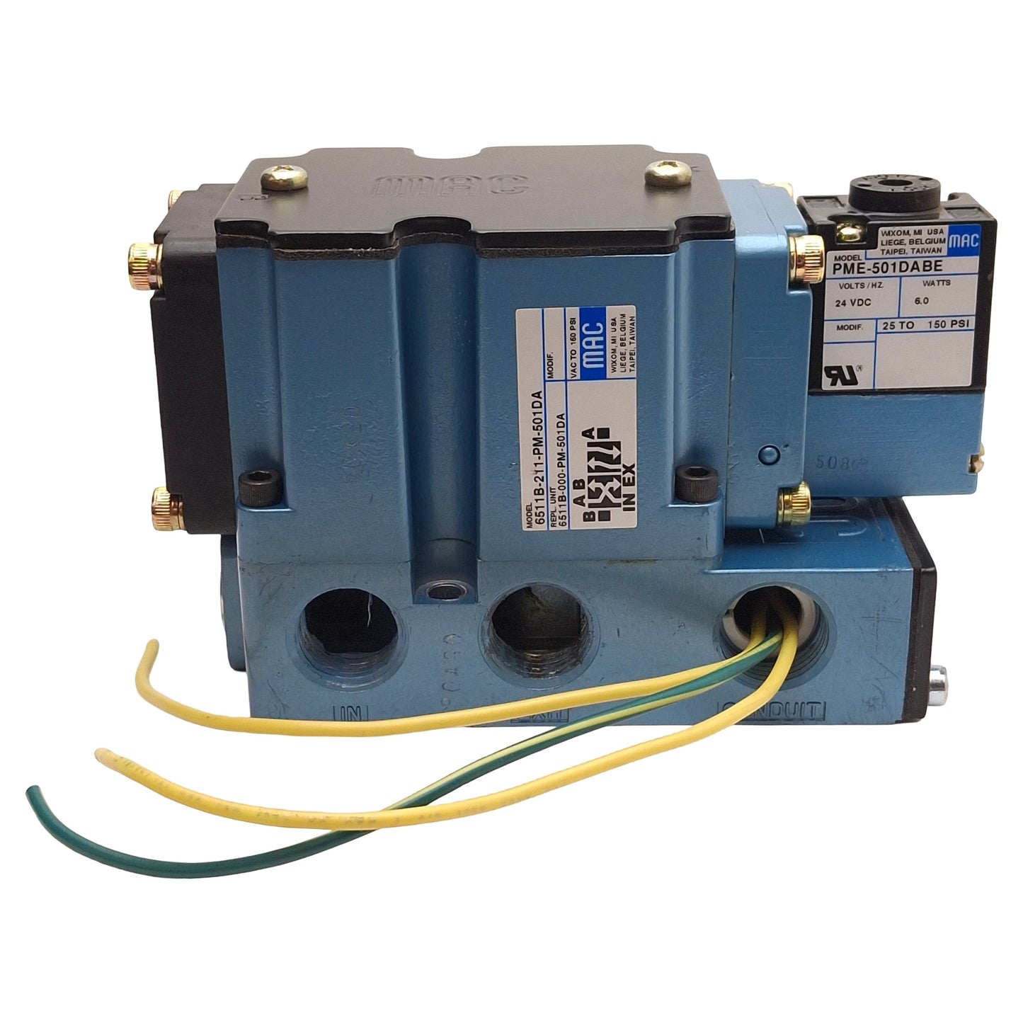 Used MAC 6511B-211-PM-501DA Solenoid Valve, 4-Port 2-Way, 150PSI, 1/2NPTF, 24VDC Coil