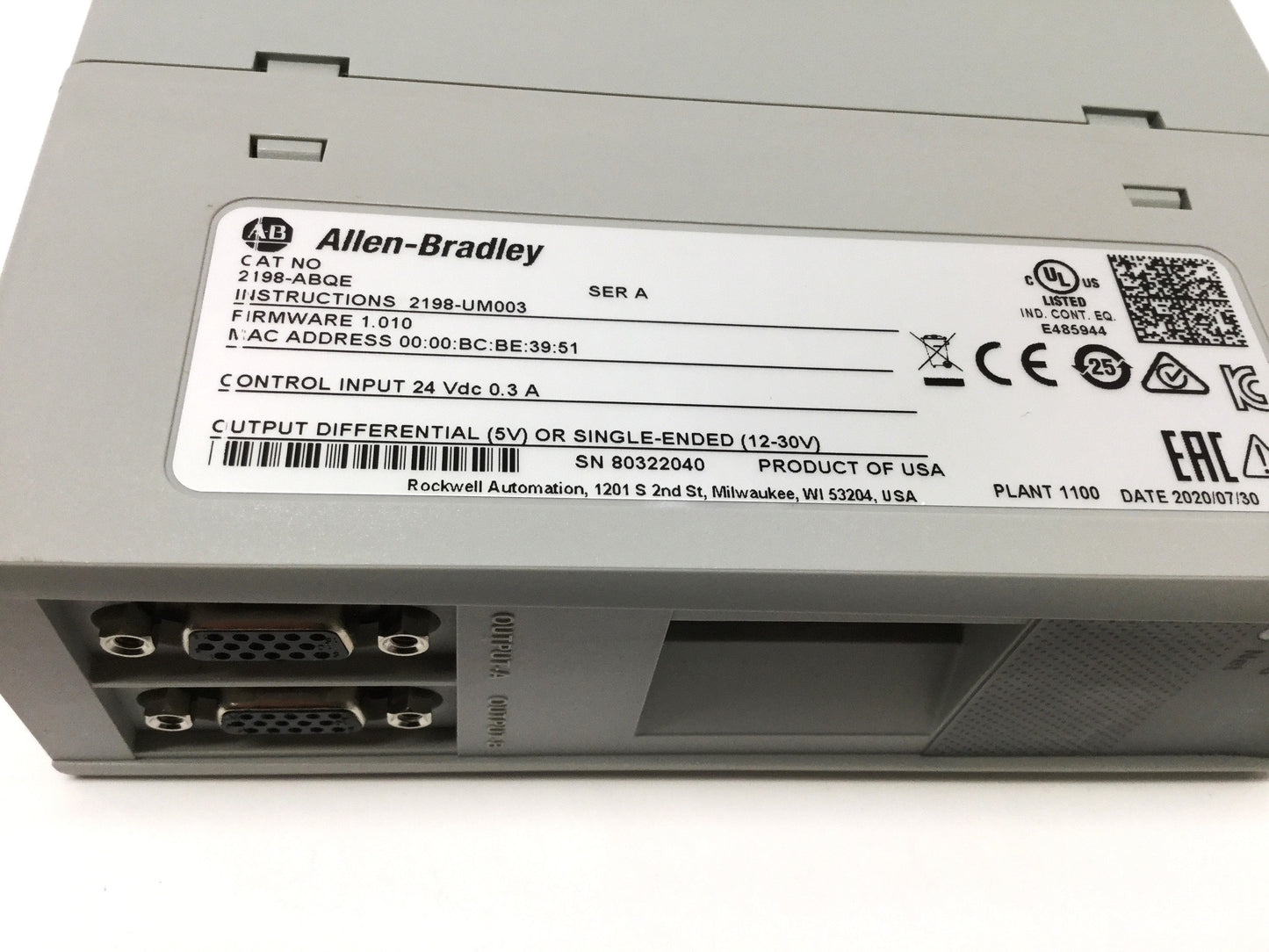 Used Allen Bradley 2198-ABQE Encoder Output Network Module 2-Channel Ethernet/IP 24V