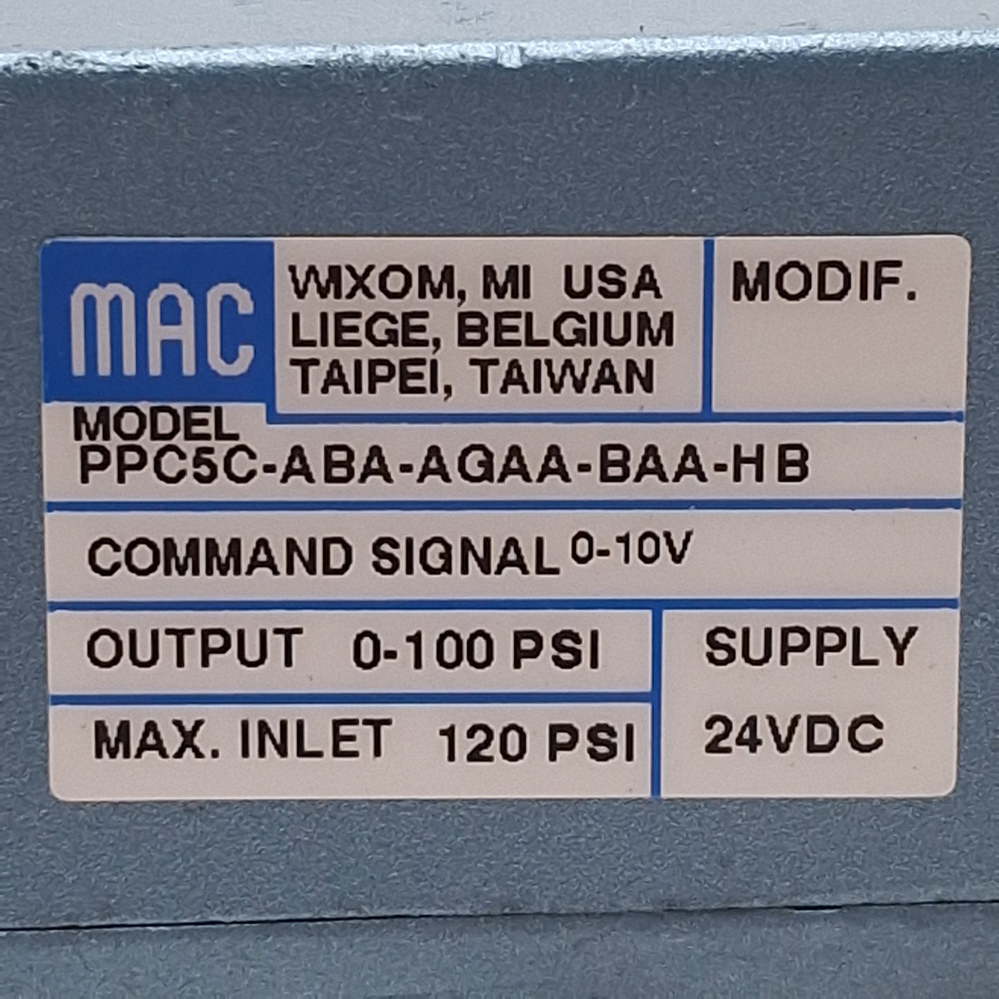 Used MAC PPC5C-ABA-AGAA-BAA-HB Proportional Pressure Controller 100PSI 1/8NPTF 24VDC