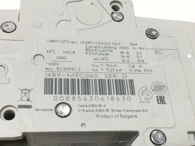 Used Allen Bradley 1489-M3C060 Circuit Breaker, 3-Pole, C-Curve, 6A 480Y/277VAC