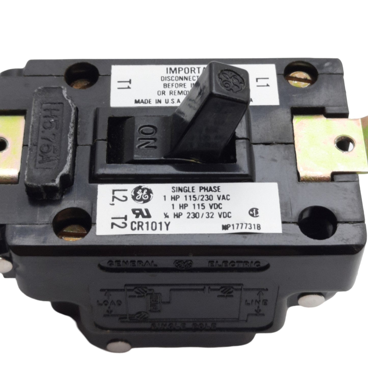 Used General Electric CR101Y Manual Motor Starter Switch, 2-Pos, 230V AC/DC 16A