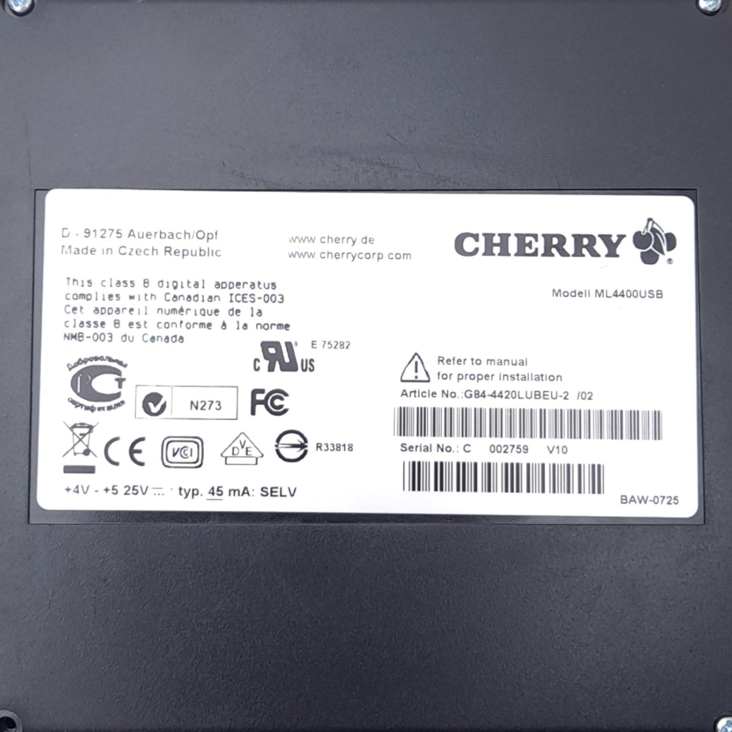 Used Cherry G84-4420LUBEU-2 UltraSlim Mechanical Keyboard w/ Trackball, 75%, Tactile