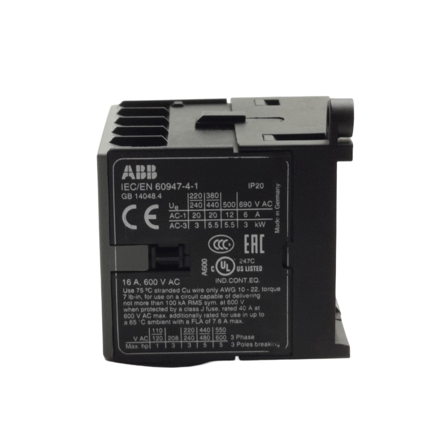 Used ABB BC7-30-01 Mini Contactor 4-Pole, 1-NC Aux, 600VAC 16A Contact, 24VDC Coil