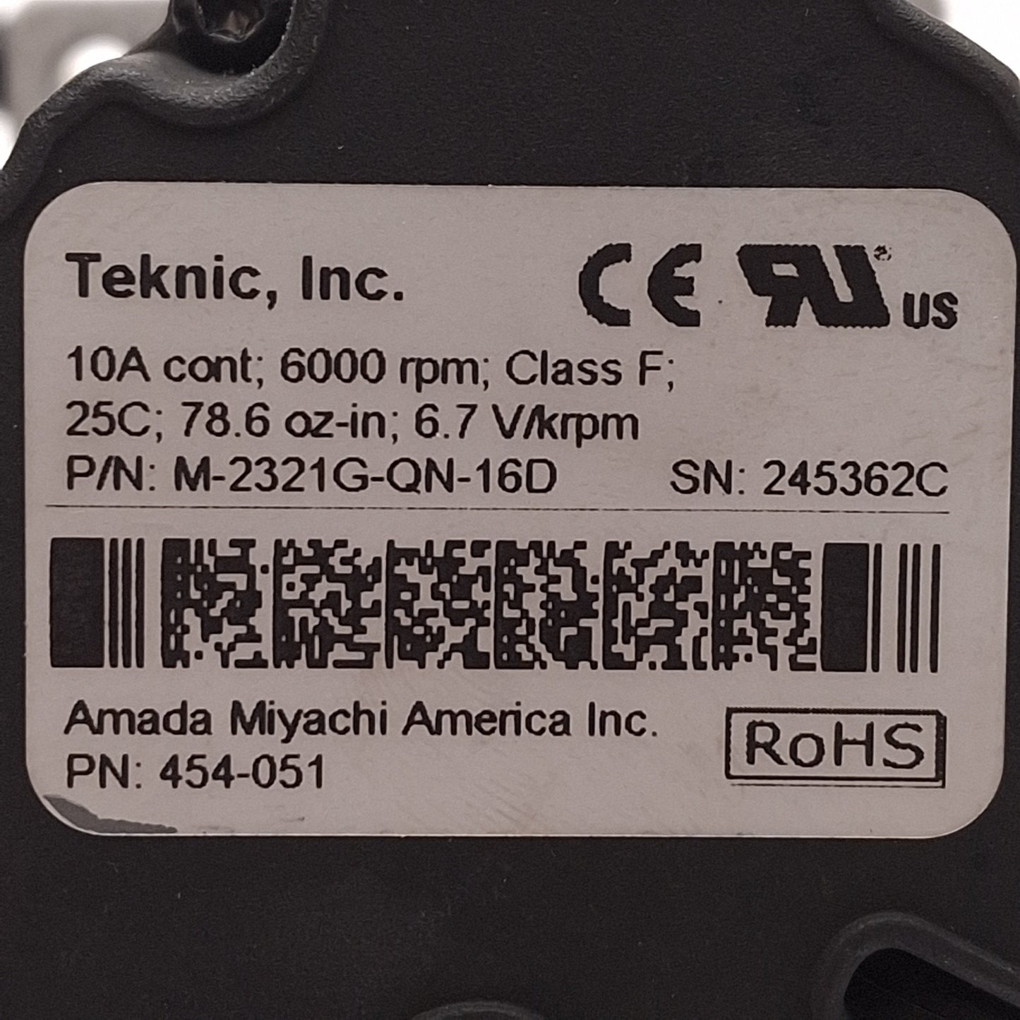 Used Teknic M-2321G-QN-16D Servo Motor, 6.7V/krpm 10A, 6000rpm, 78.6oz-in, NEMA 23