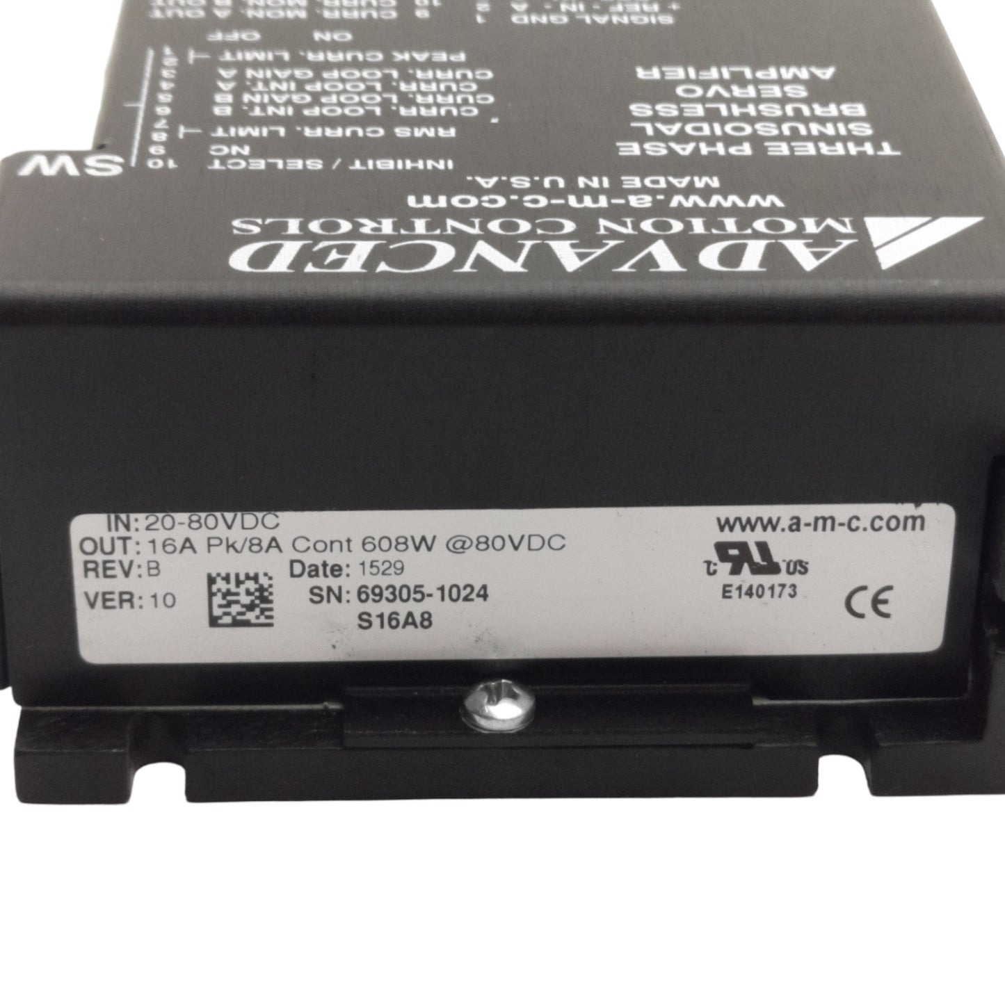 Used Advanced Motion Controls S16A8 Brushless Servo Drive 20-80VDC, 16A Pk/8A Cont.