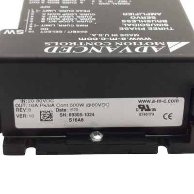 Used Advanced Motion Controls S16A8 Brushless Servo Drive 20-80VDC, 16A Pk/8A Cont.