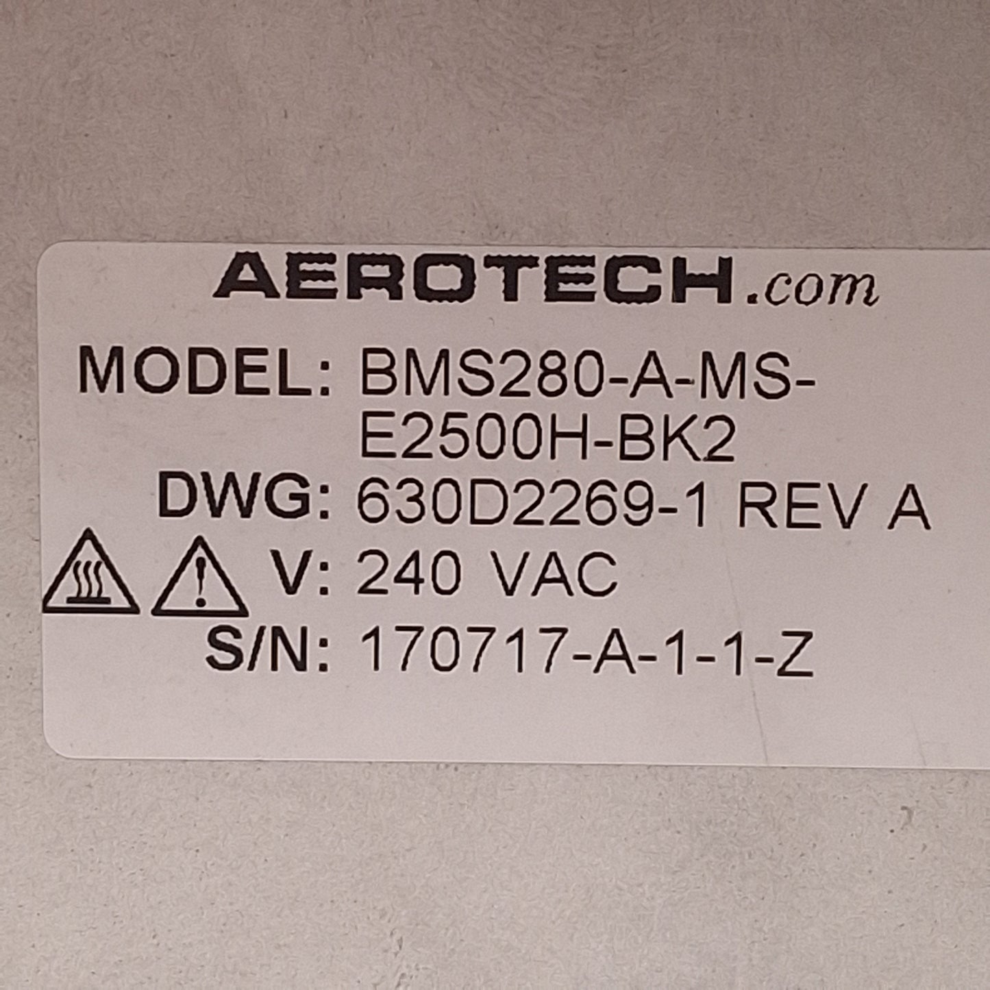 Used Aerotech BMS280-A-MS-E2500H-BK2 Servo Motor, 240VAC, 381W, ø1/2in Shaft, NEMA34