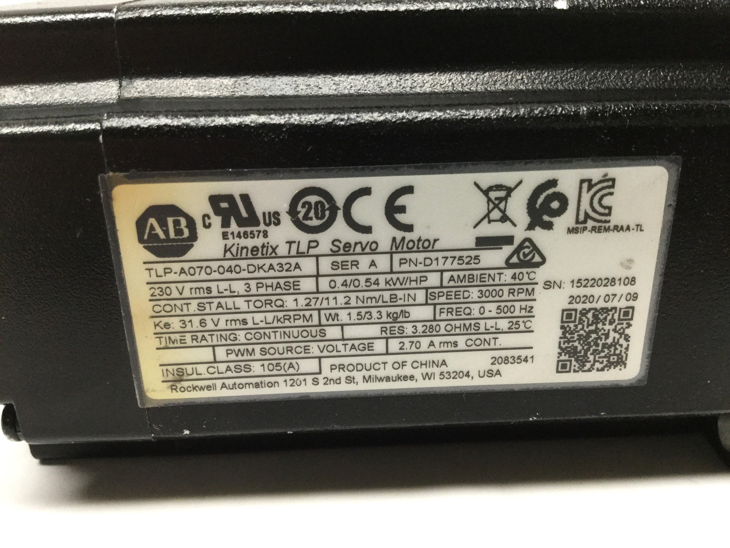 Used Allen Bradley TLP-A070-040-DKA32A Kinetix Servo Motor, 3Ø 230VAC, 0.4kW, 60mm