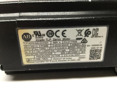 Used Allen Bradley TLP-A070-040-DKA32A Kinetix Servo Motor, 3Ø 230VAC, 0.4kW, 60mm