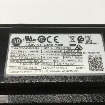 Used Allen Bradley TLP-A070-040-DKA32A Kinetix Servo Motor, 3Ø 230VAC, 0.4kW, 60mm