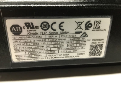 Used Allen Bradley TLP-A070-040-DKA34A Kinetix Servo Motor, 3Ø 230VAC, 0.4kW w/Brake
