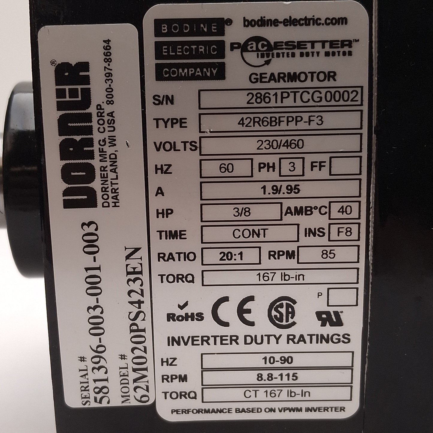 Used Bodine 42R6BFPP-F3 eDrive Gearmotor 20:1 3-Phase 230/460VAC 3/8HP 85RPM 167lb-in