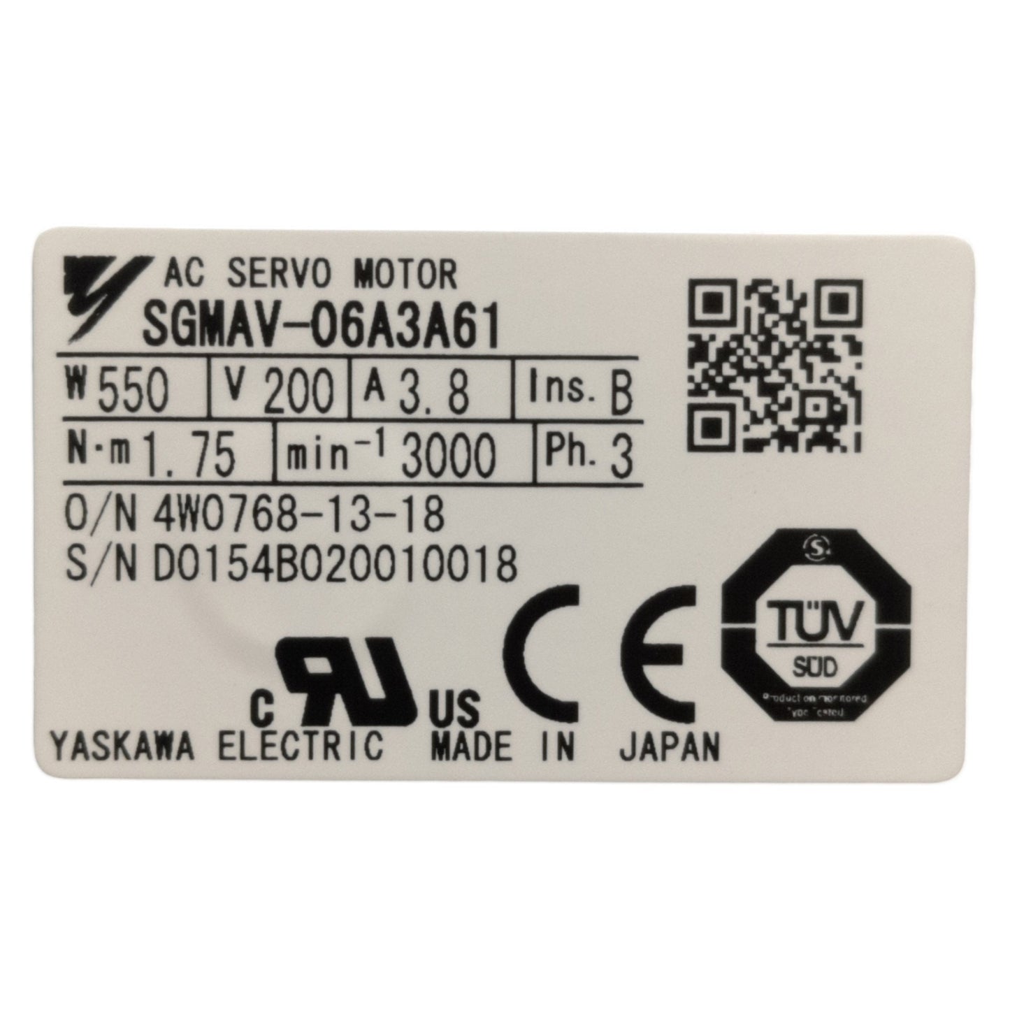 New Yaskawa SGMAV-06A3A61 Sigma 5 Servo Motor 550W, 200VAC 3.8A, 3000RPM, 1.75Nm