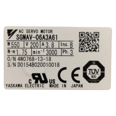New Yaskawa SGMAV-06A3A61 Sigma 5 Servo Motor 550W, 200VAC 3.8A, 3000RPM, 1.75Nm