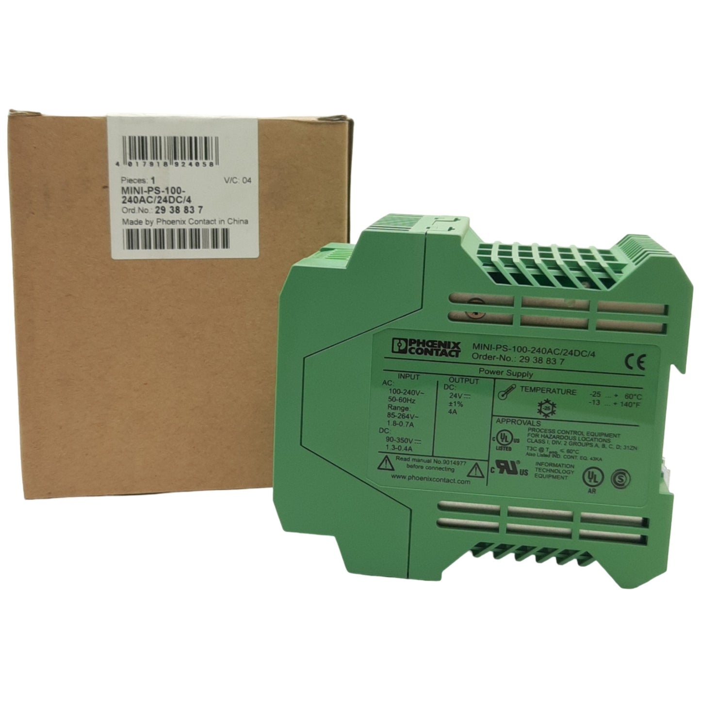 New Phoenix Contact MINI-PS-100-240AC/24DC/4 Power Supply Unit, 96W, DIN Mount