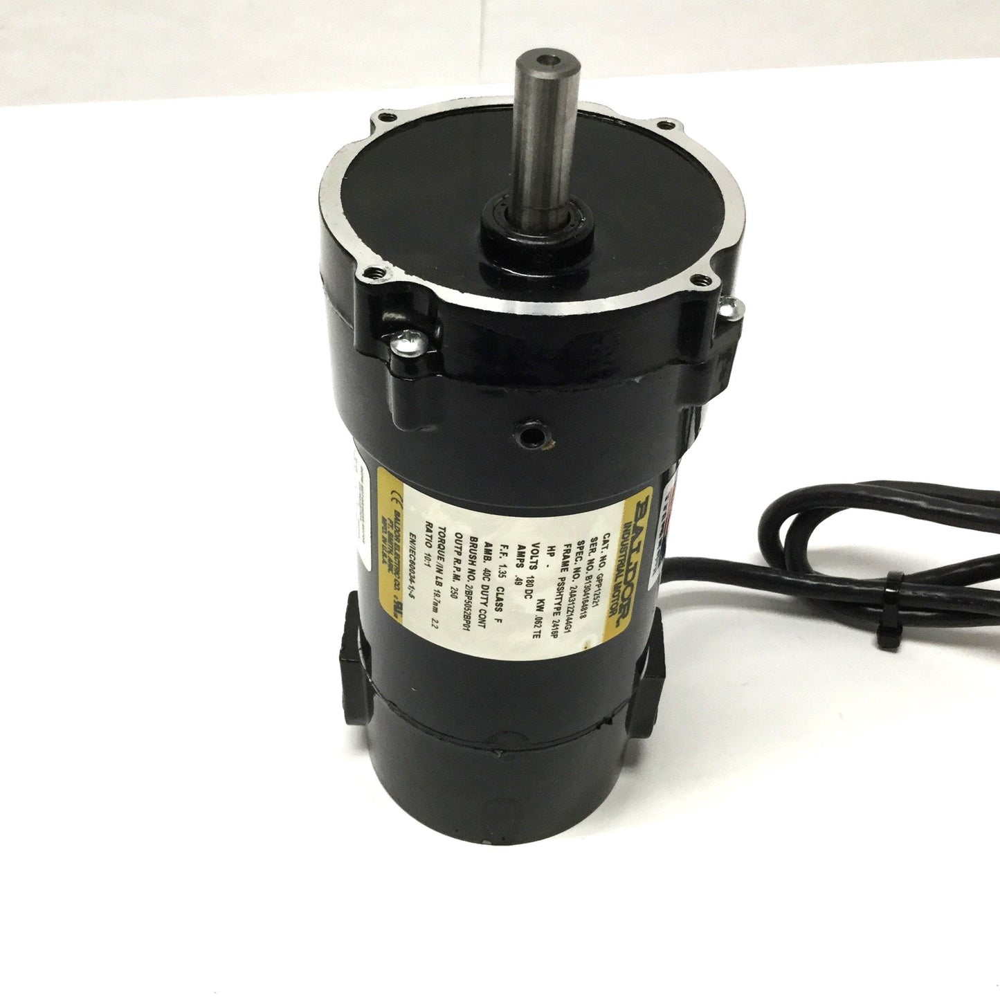 Used Baldor GPP12521 Industrial DC Gearmotor 180VDC, 250RPM, 10:1 Ratio, 1/12HP, PSSH