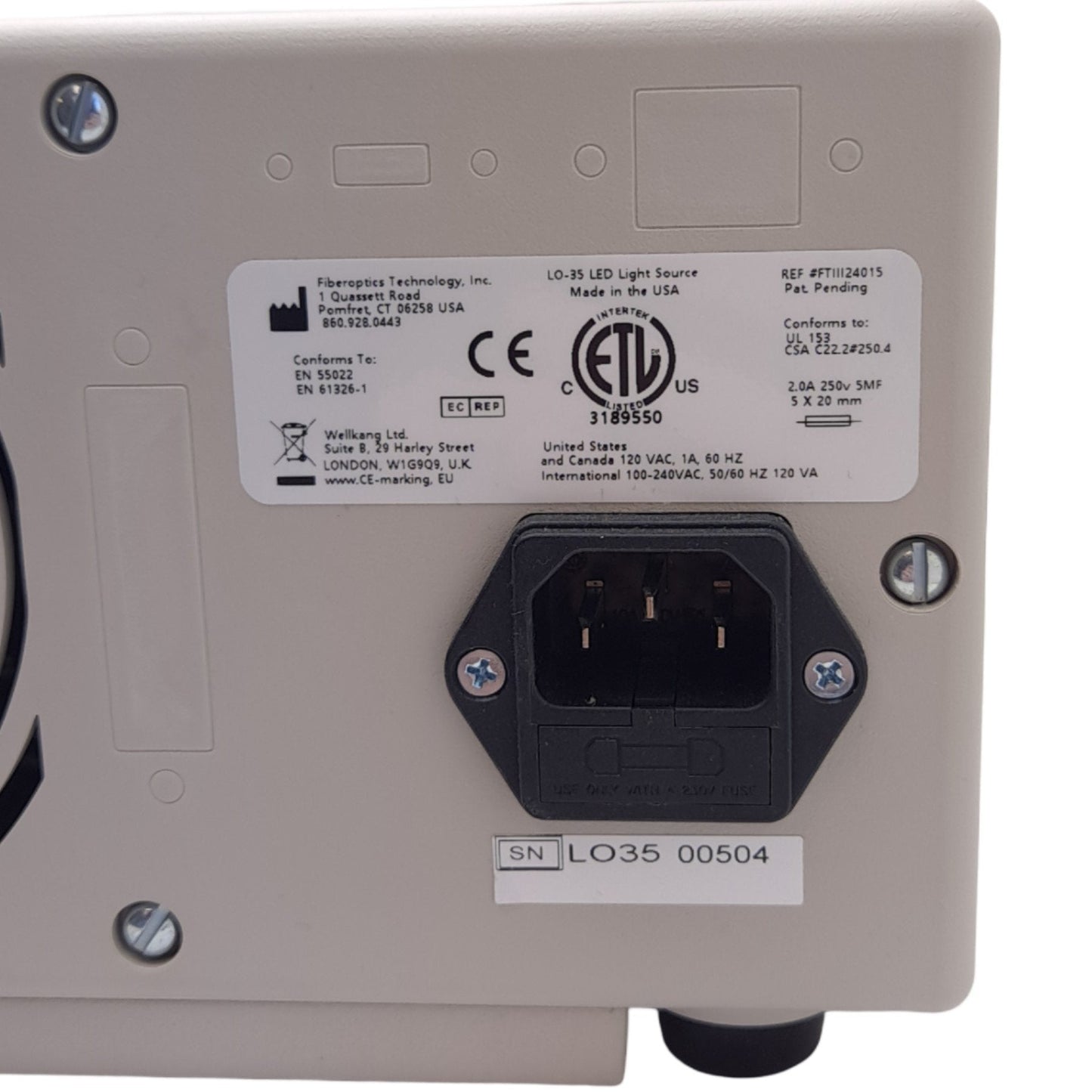 Used FTI LO-35 LED Fiber Optic Illuminator, 50W 2A Fuse, ø16mm 1in Adapter, 120VAC 1A