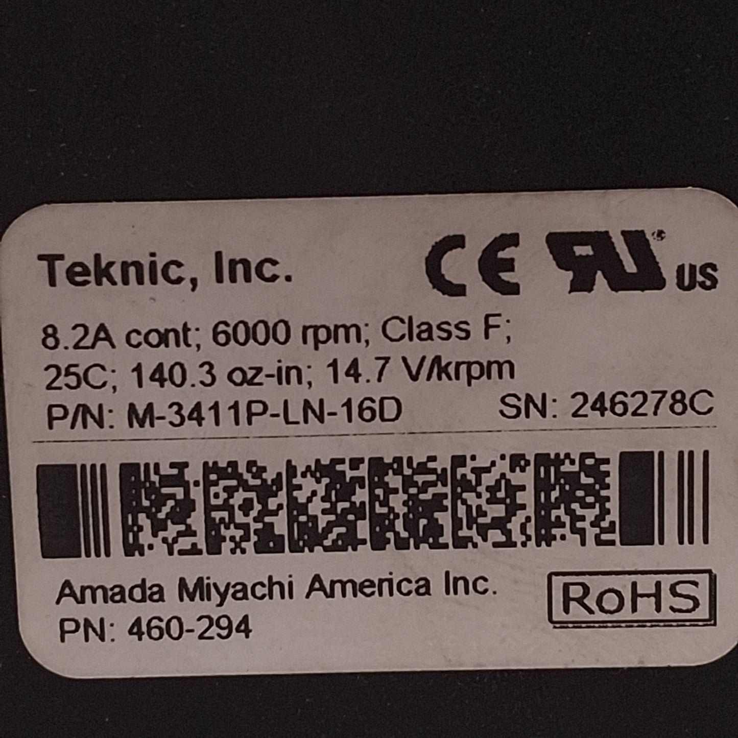 Used Teknic M-3411P-LN-16D Servo Motor, 14.7V/krpm 8.2A, 6000rpm, 140.3oz-in, NEMA 34