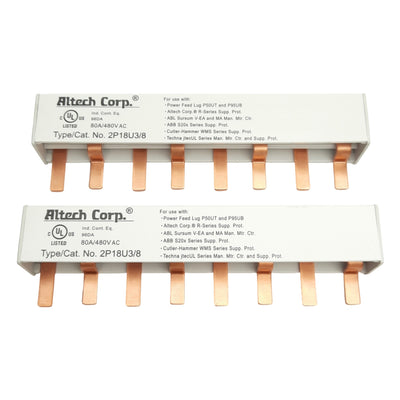 New Lot of 2 Altech 2P18U3/8 2 Phase Busbar, 4x 2-Pole, 8-Pin, 480V 80A, Press Fit