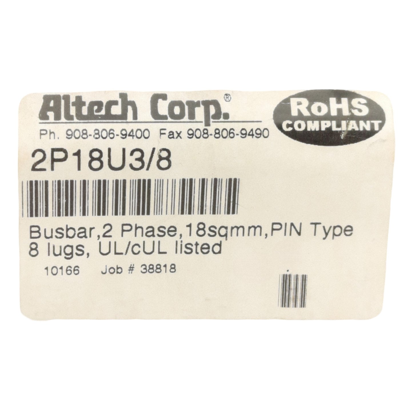 New Lot of 2 Altech 2P18U3/8 2 Phase Busbar, 4x 2-Pole, 8-Pin, 480V 80A, Press Fit