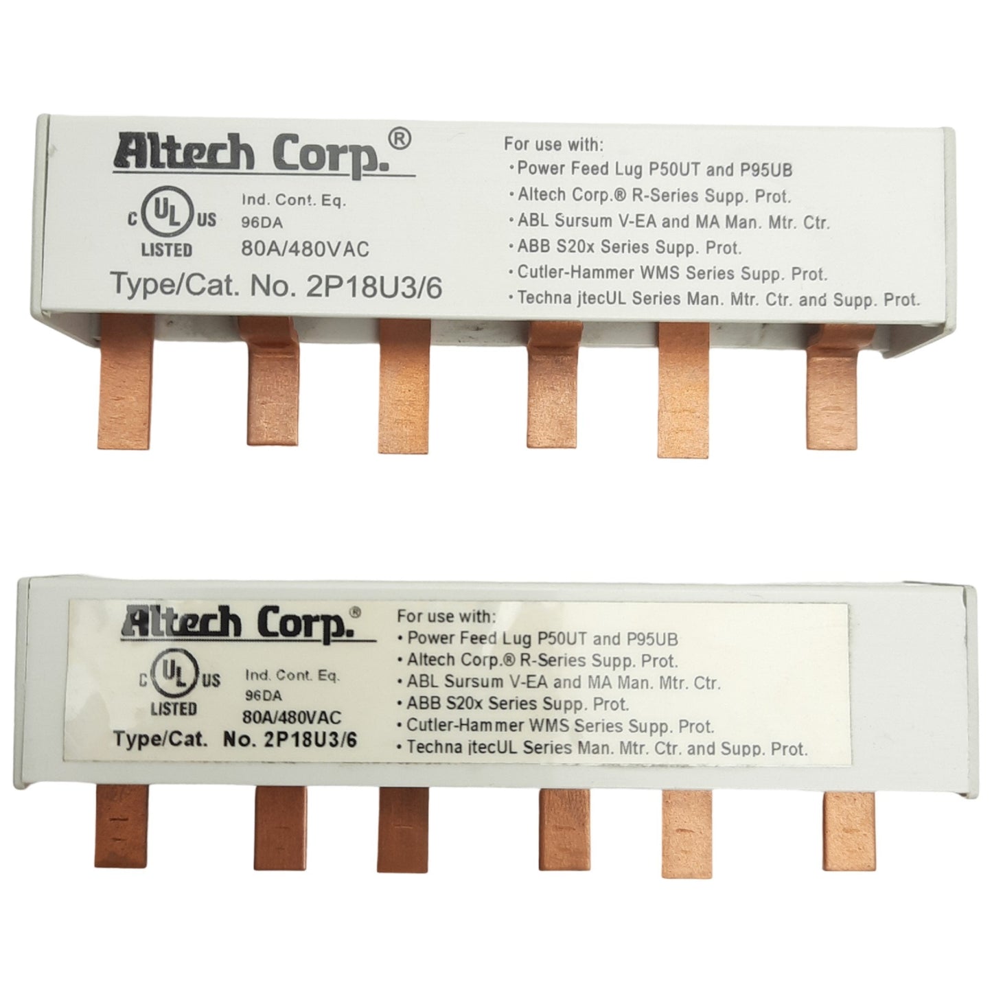 New Lot of 2 Altech 2P18U3/6 2 Phase Busbar, 3x 2-Pole, 6-Pin, 480V 80A, Press Fit
