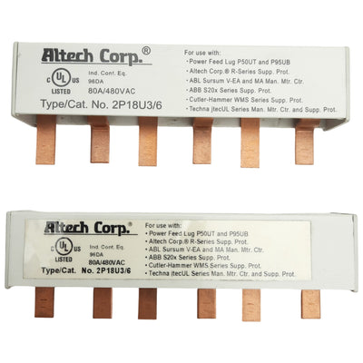 New Lot of 2 Altech 2P18U3/6 2 Phase Busbar, 3x 2-Pole, 6-Pin, 480V 80A, Press Fit