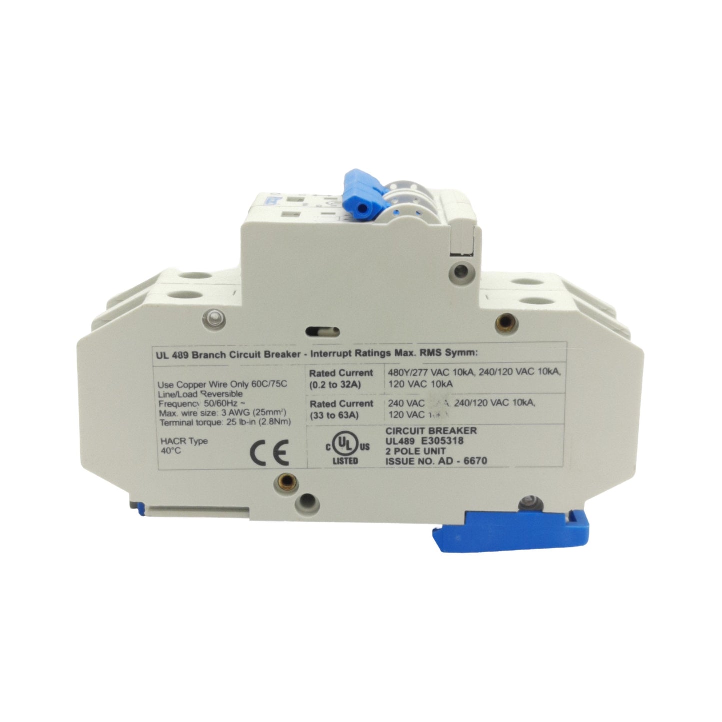 New Altech 2DU25L Circuit Breaker, 2-Pole, 480Y/277VAC 25A MCB, DIN Rail Mount