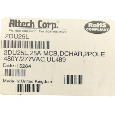New Altech 2DU25L Circuit Breaker, 2-Pole, 480Y/277VAC 25A MCB, DIN Rail Mount