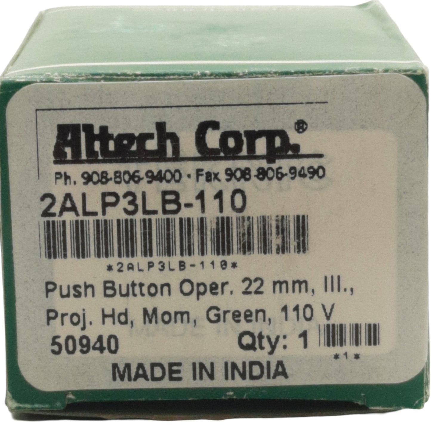 New Altech 2ALP3LB-110 Pushbutton, 22mm, Green, Illuminated LED, 110V, Panel Flush