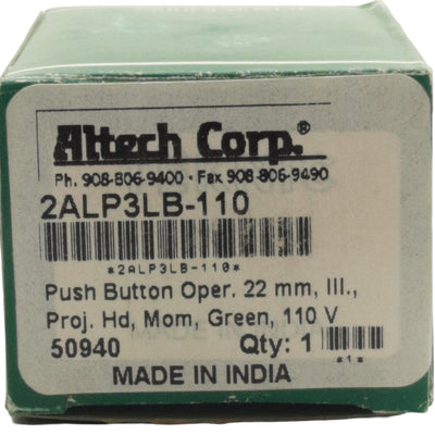 New Altech 2ALP3LB-110 Pushbutton, 22mm, Green, Illuminated LED, 110V, Panel Flush
