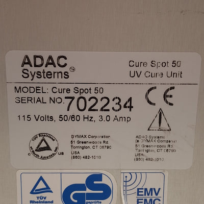 Used Dymax ADAC Systems Cure Spot 50 Ultraviolet Curing Unit, 50W, 115VAC 3A