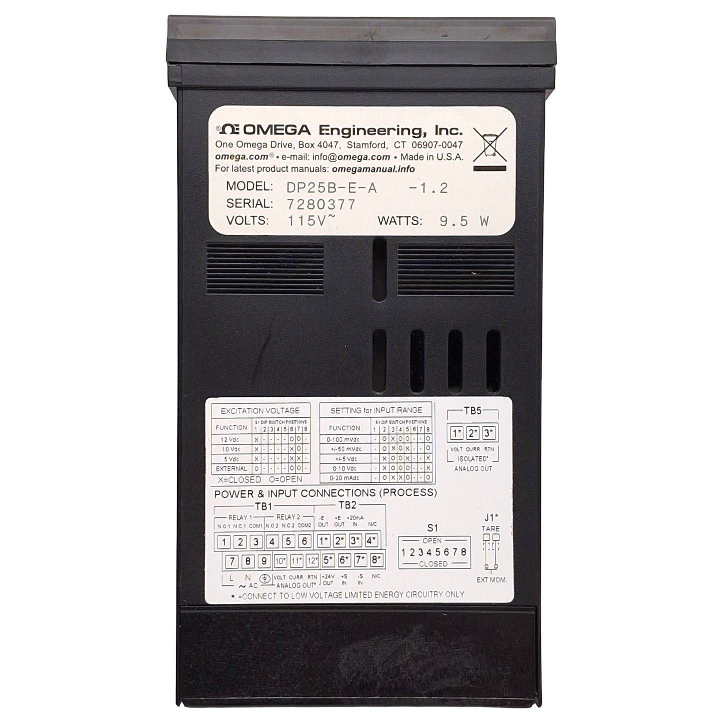 Used Omega DP25B-E-A Process Panel Meter w/ Analog Output, 115VAC 9.5W, 1/8 DIN