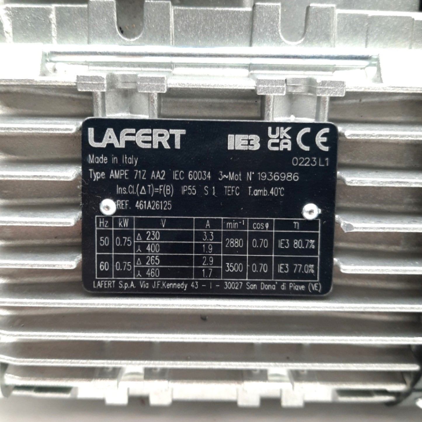 Used LAFERT AMPE 71Z AA2 Pump Motor .75kW 3500RPM 3PH 230/460VAC 3.3/1.7A 71Z Frame