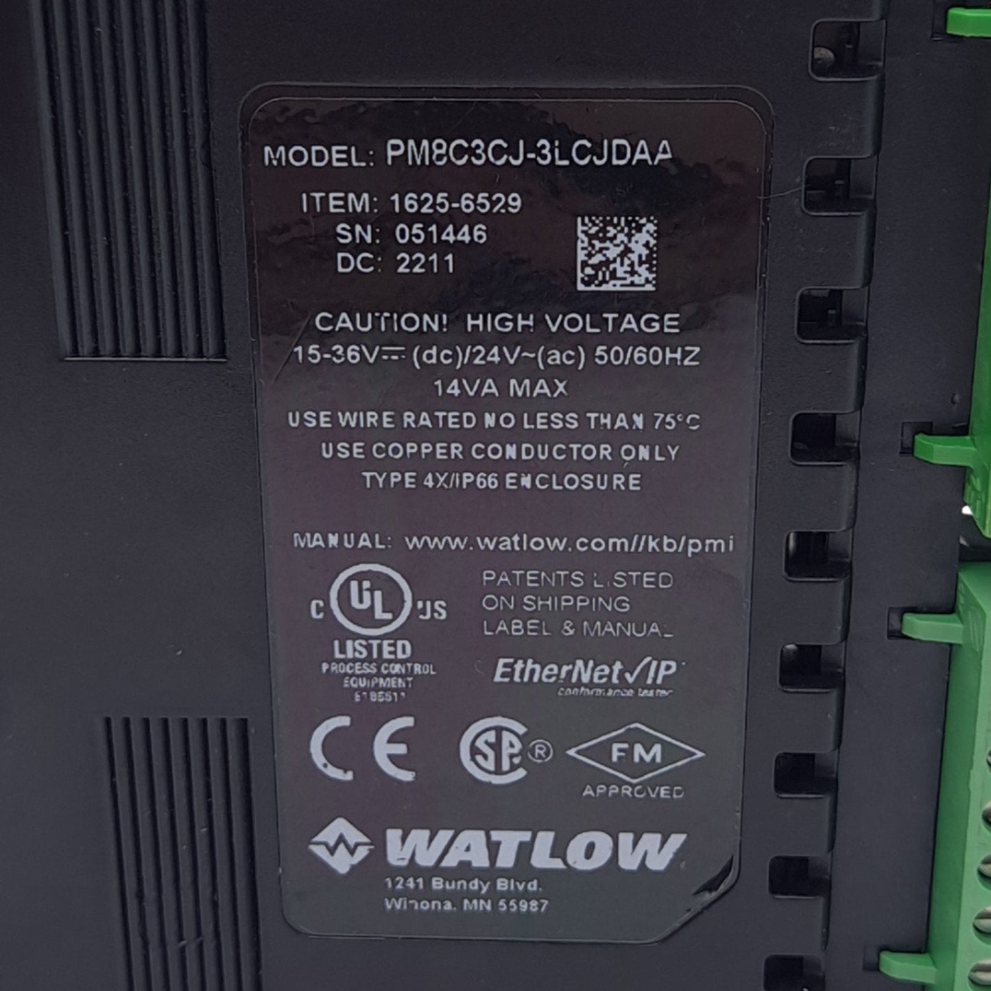 Used Watlow PM8C3CJ-3LCJDAA EZ-Zone PM Limit PID Controller, DC/Open, 5A Relay, 24V