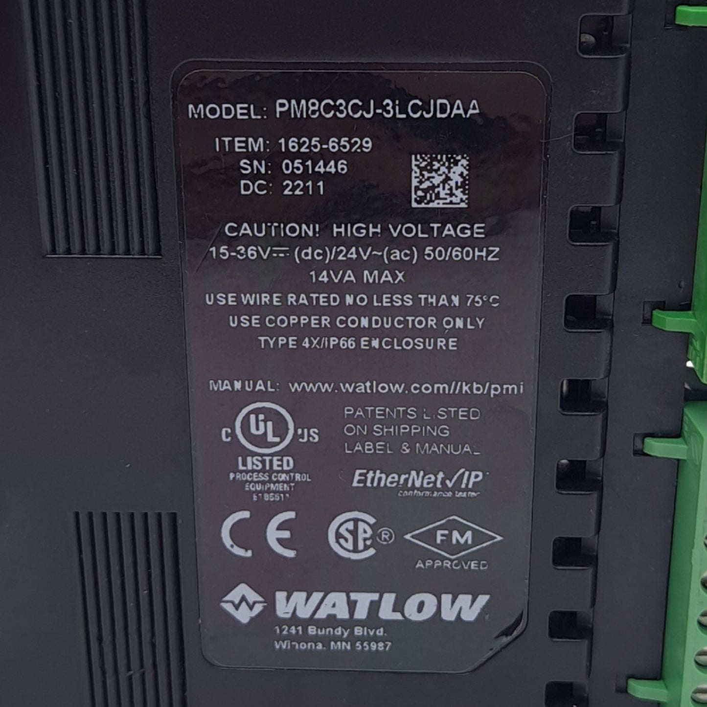 Used Watlow PM8C3CJ-3LCJDAA EZ-Zone PM Limit PID Controller, DC/Open, 5A Relay, 24V