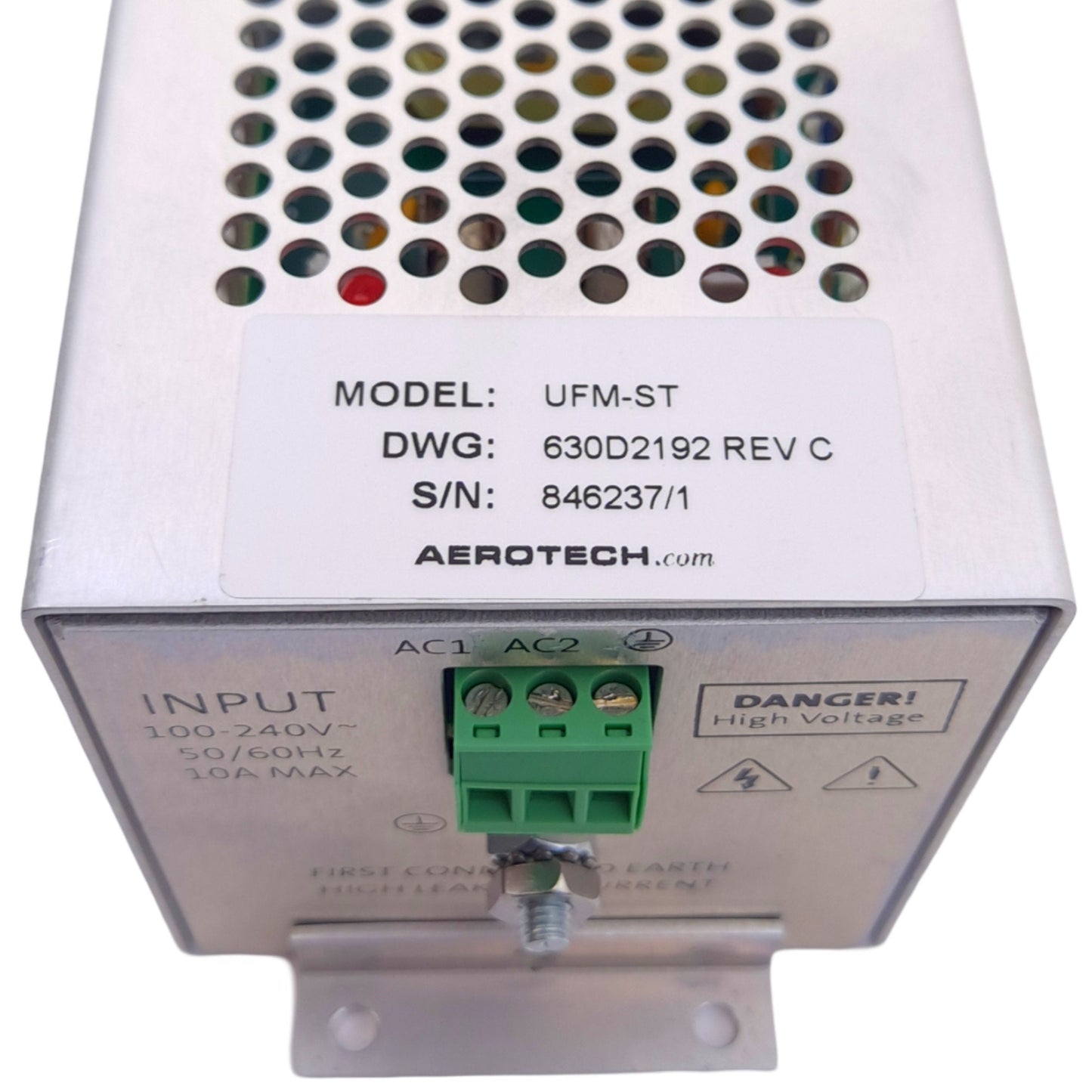 Used Aerotech UFM-ST 630D2192 Noise Filter Module, 100-240VAC 3-Pin In/Out, 10A Fuse