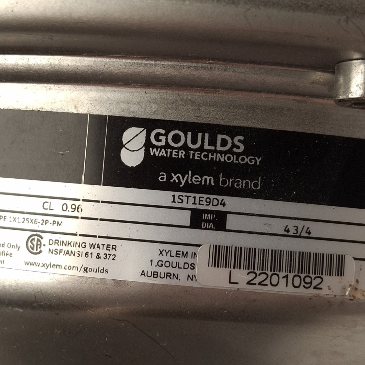 Used Goulds 1ST1E9D4 Centrifugal Pump, 3PH 208-230/460VAC 1HP, 3450RPM, 56J Frame