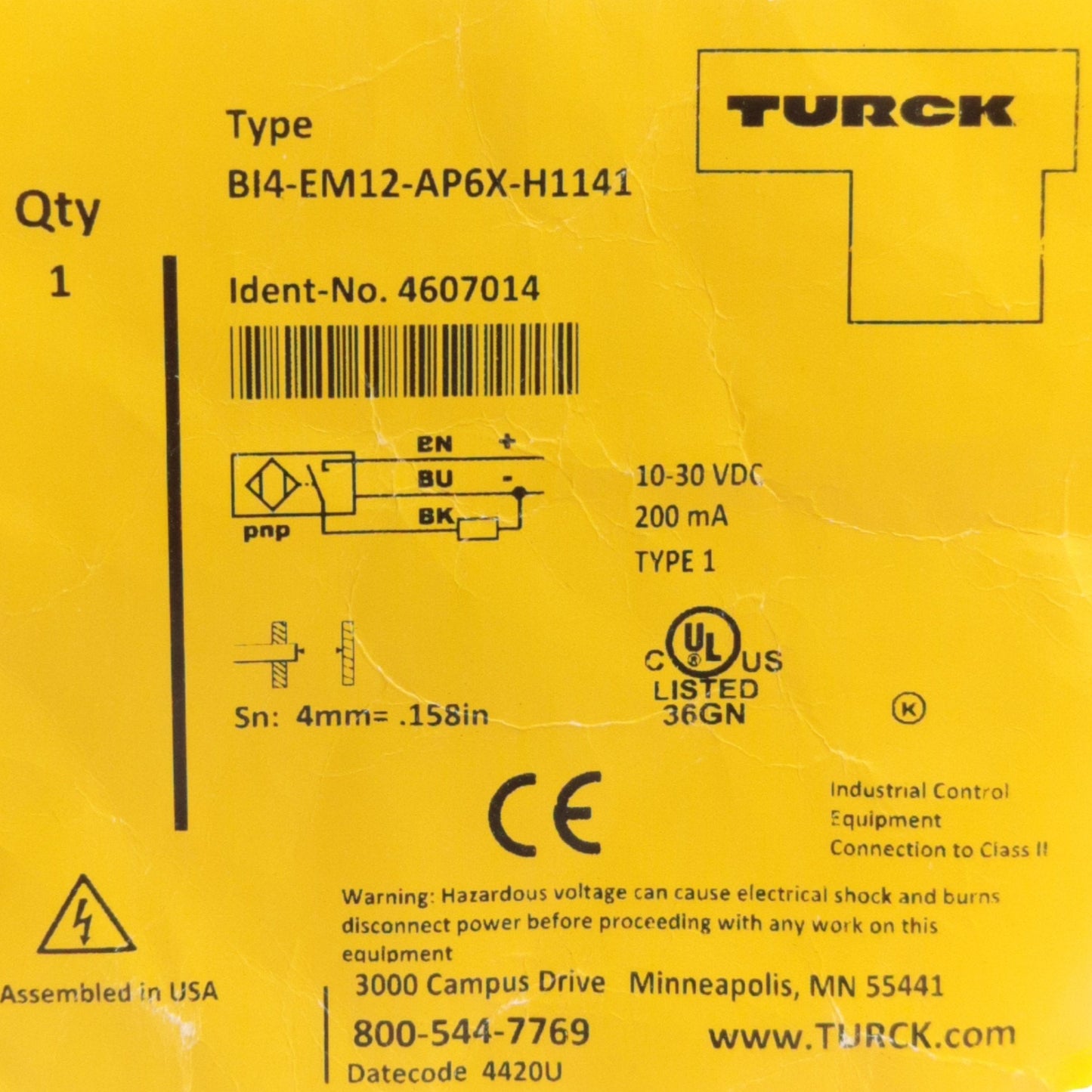 New Turck BI4-EM12-AP6X-H1141 Inductive Sensor, 4mm Range, M12 x 1, 10-30VDC, NC PNP