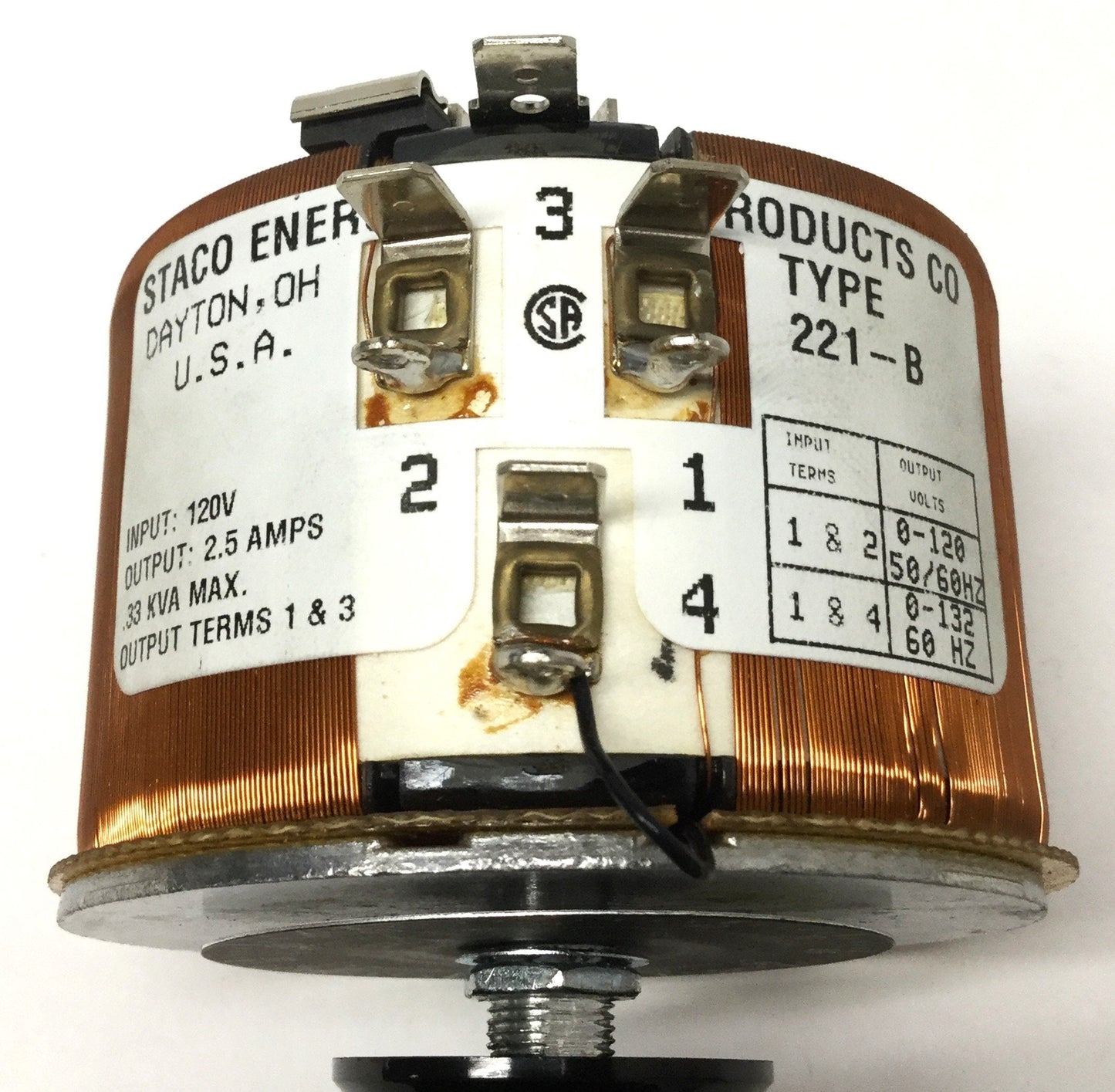 Used Staco 221-B Variable Transformer, Open Frame, 120VAC In, 0-120/132V Out, 2.5A