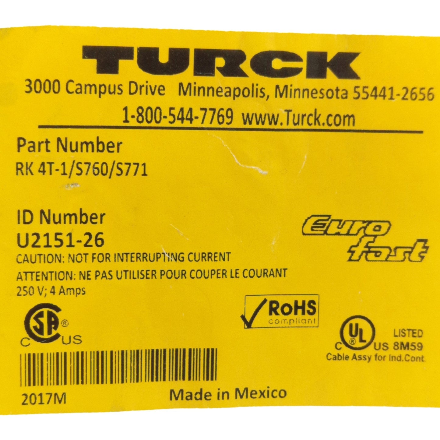 New Lot of 2 Turck RK 4T-1/S760/S771 EuroFast Cordset, 1m, M12 4-Pin Female/Leads