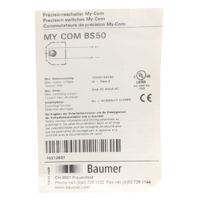 New Baumer MY-COM BS50 Precision Switch, 50cN, 15VDC 2mA/24VAC 50mA, NC, ø8mm OD